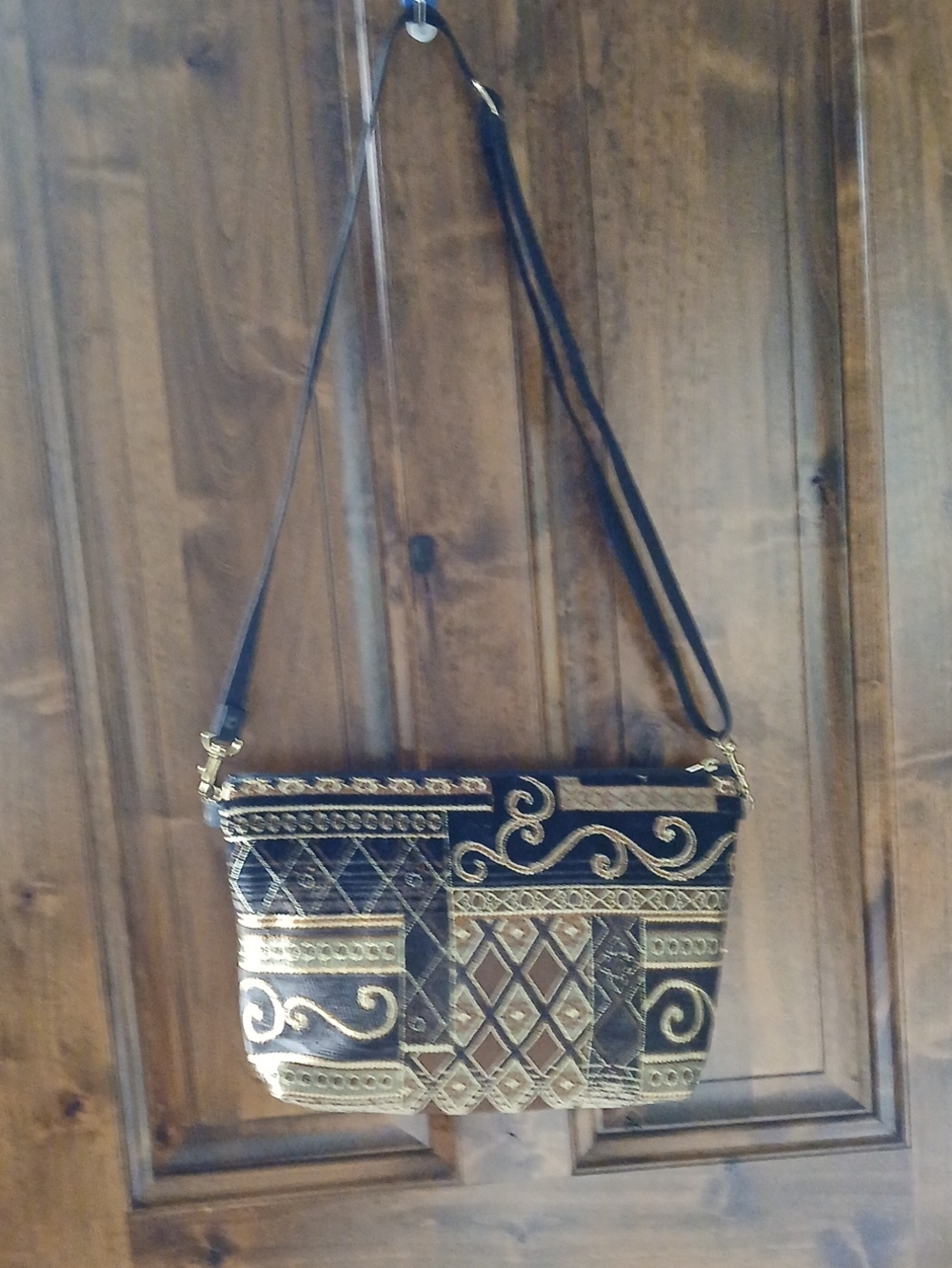 Gold-Embroidered Black Crossbody Bag